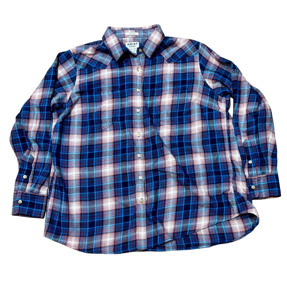 ARIAT Women's Real Billie Jean Shirt Women's Plus 1X L/S Blue Red Plaid Western